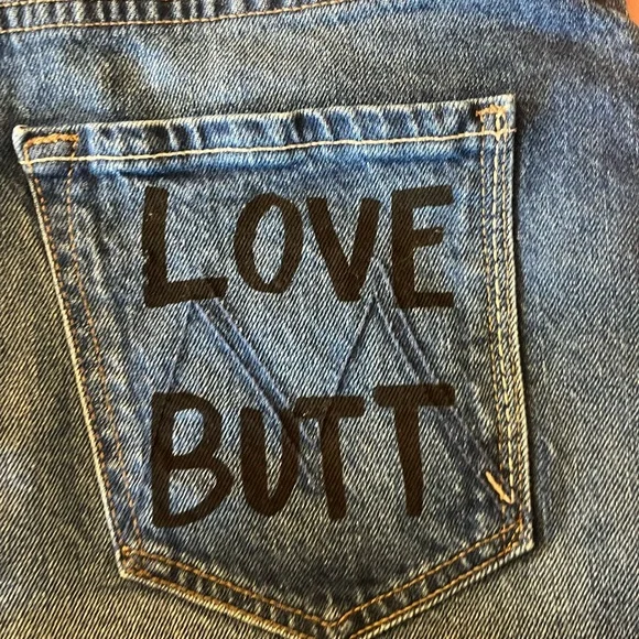 MOTHER Blue Jean Shorts with Distressed Hem and Graphic Text